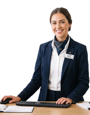 Front desk associate wearing an executive name badge