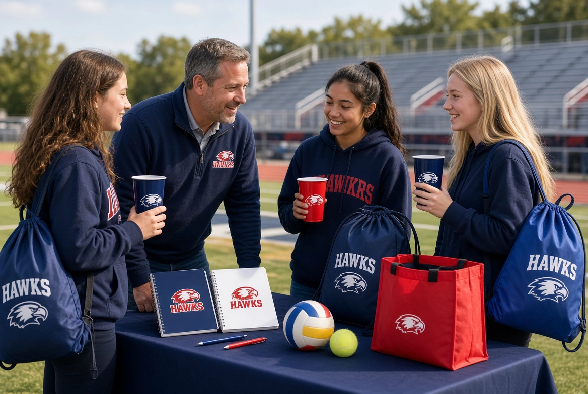 Coach and students with branded Hawks hoodies and spirit gear by the field