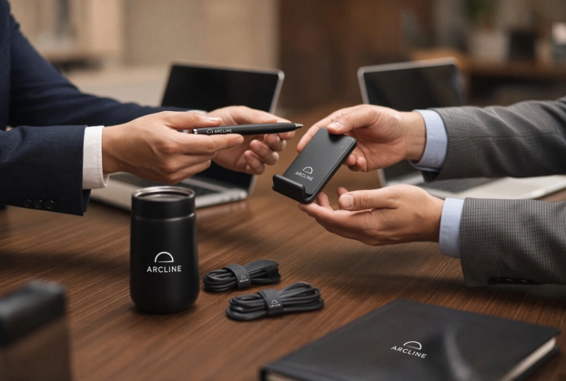 Two professionals exchanging a branded pen and phone stand