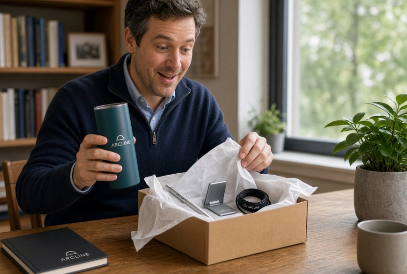 Client delighted while unboxing a branded gift set