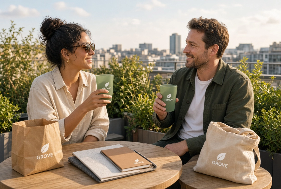 Coworkers with branded reusable tumblers on a green rooftop terrace
