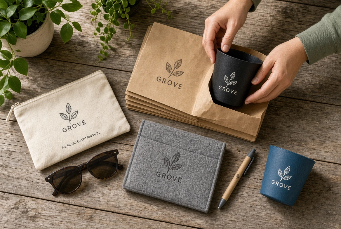 Eco-friendly branded tumblers, recycled pouch, and notebook on a wooden table