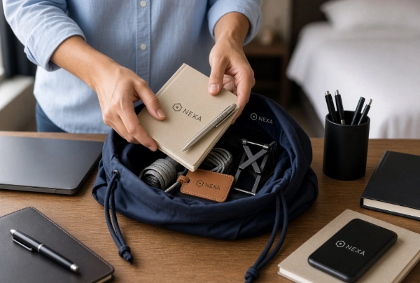 Packing a branded employee kit with notebook and pen