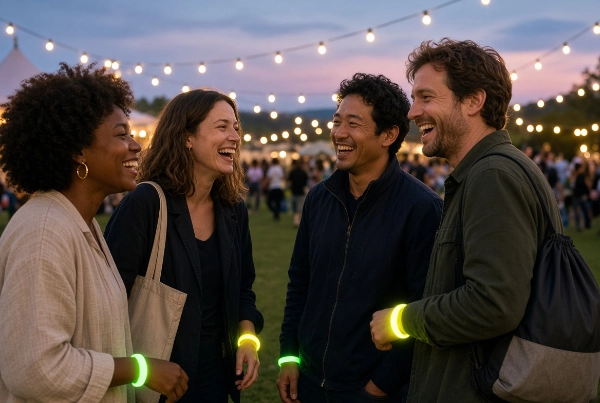 Friends wearing glow wristbands at an evening fundraiser