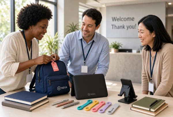 Employees receiving branded welcome kits at the office