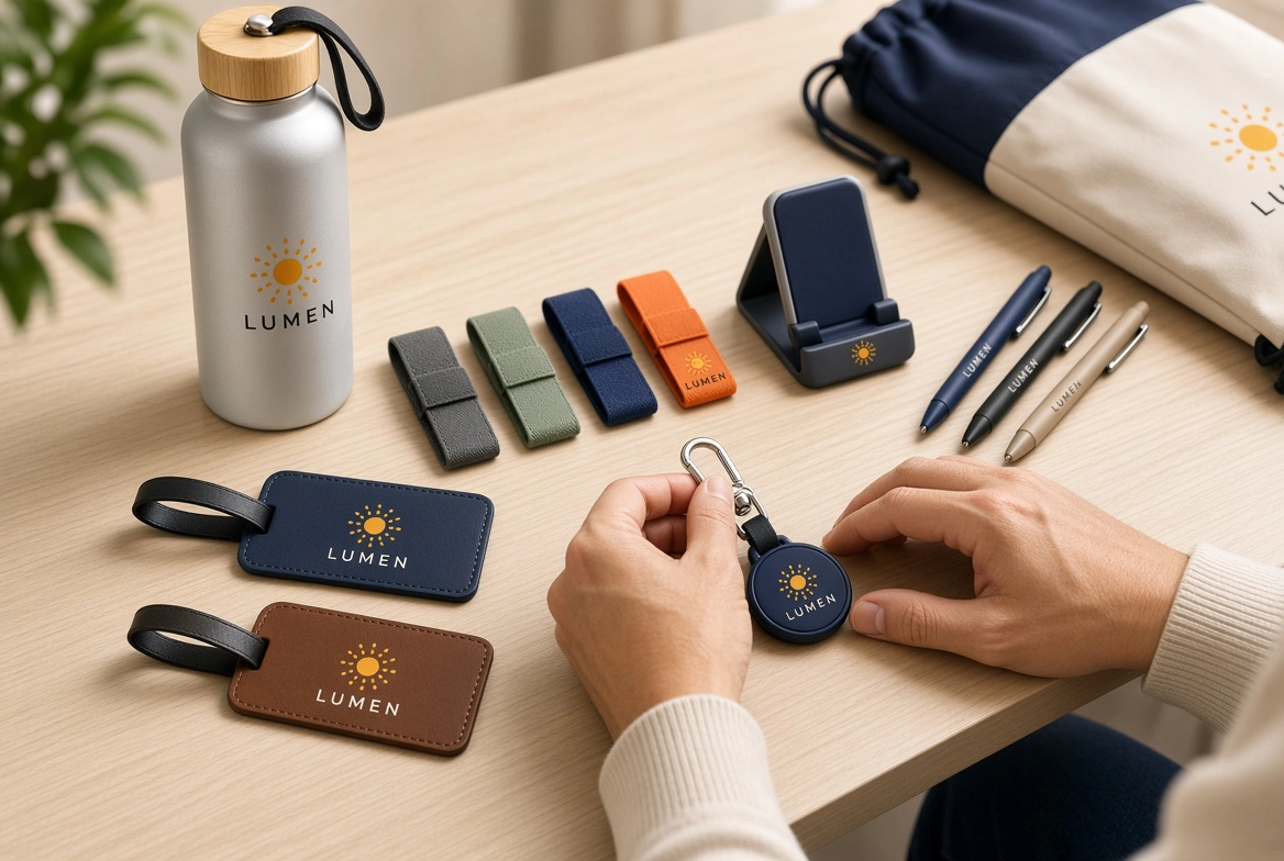 Branded new-hire kit with water bottle, pens, and phone stand