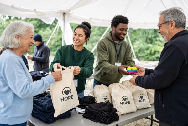 Volunteers handing out branded tote bags