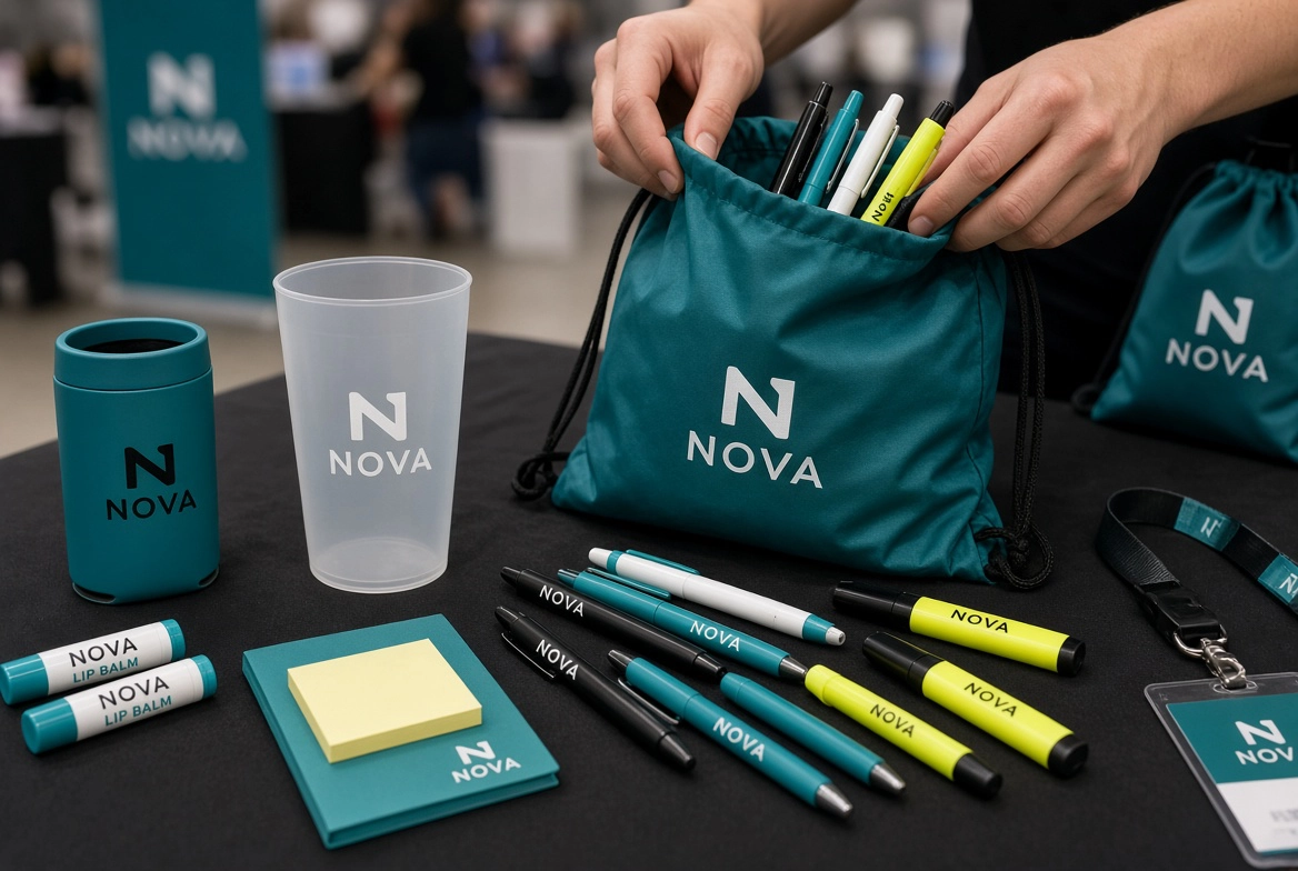 Branded trade show pens, cups, lip balm, and drawstring bag on a booth table