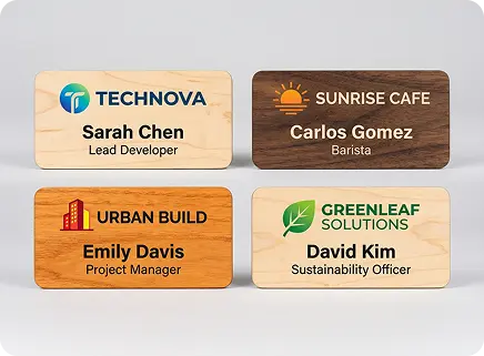 Printed wood name badges in different colors