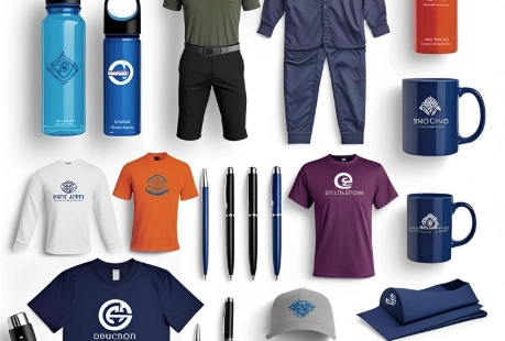 Branded promotional products including custom t-shirts, mugs, water bottles, pens, and a baseball cap