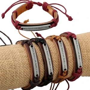 Retro Engraved Words Rectangle Alloy Charm Leather Bracelet