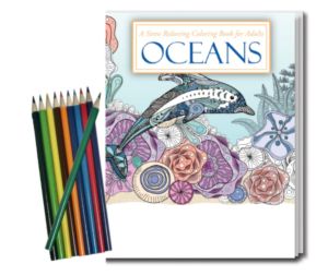 Oceans Coloring Book for Adults + Colored Pencils Relax Pack