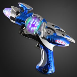 Large blue light up sound effects gun with spinning globe