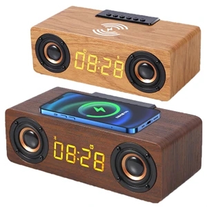 Wooden Wireless Charger Speaker With Alarm Clock