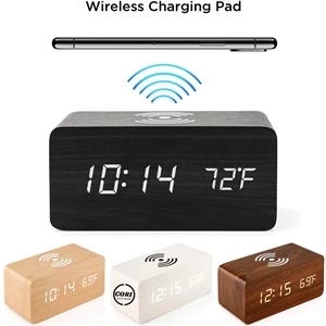 Wooden Alarm Clock With Wireless Charging Pad