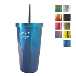 16oz Stainless Steel Rainbow Color Water Mug W/ Straw