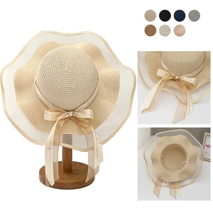 Women's Summer Wide Brim Straw Splicing Gauze Sun Hat