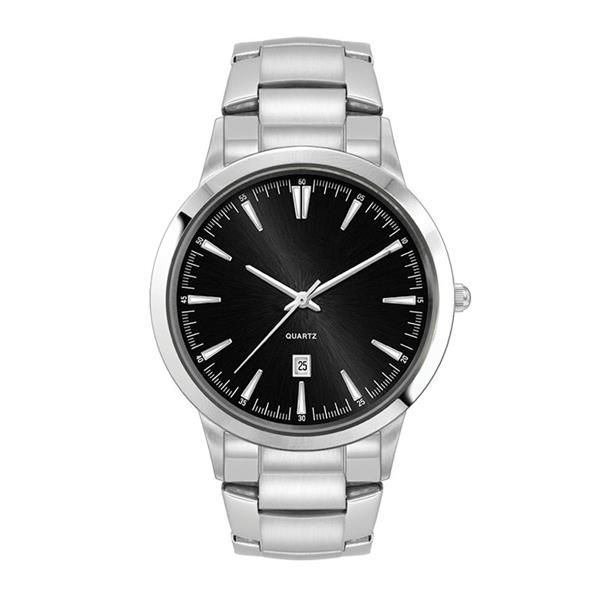 43MM STEEL SILVER CASE, 3 HAND MVMT, BLACK DIAL, DTE DISP...