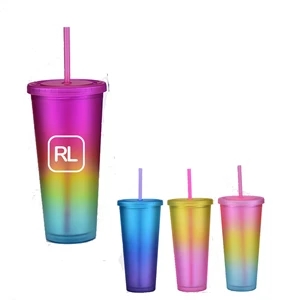 24 Oz Double Wall Colorful Plastic Tumblers With Lids