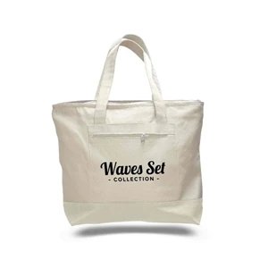 Heavy Canvas Zippered Shopping Tote Bag with Colored Handles