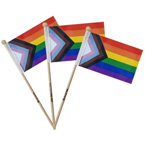 LGBTQ 4"x6" Progressive Gay Pride Flag-Natural Wood Pole V1