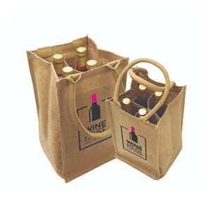 Jute 4 Bottle Wine Bag w/ Cotton Webbed Handles (8 x 14 x 8)