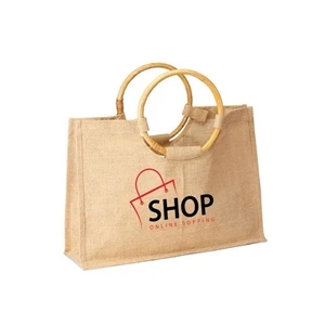 Jute Shopping Tote with Round Cane Handles (17.5 x 12.5 x 5)