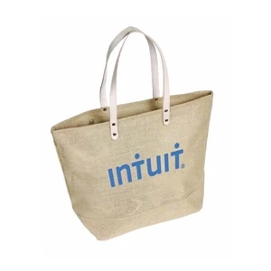 Jute Tote Bag w/ Leather Handles/Zipper Closure & Pocket (S)