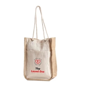 Cotton Gift Bag w/ Front Pocket, Jute Gusset & Rope Handles