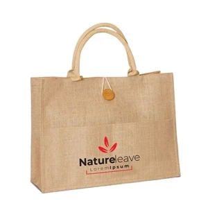 Jute Shopping Bag with Front Pocket / Buttoned Closure