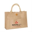 Jute Shopping Bag with Front Pocket / Buttoned Closure | https://www.bestnamebadges.com