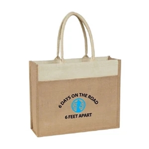 Two Tone Jute Bag w/ Front Pocket & Cotton Webbed Handles