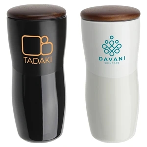 Adriano 12 oz Double-wall Ceramic Tumbler with Wood Lid | https://www.bestnamebadges.com