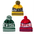 Custom Made Pompom Striped Knitted Cuffed Beanie With Logo | https://www.bestnamebadges.com