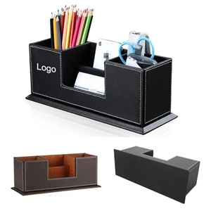 Leather Desktop Organizer with Dual Pen Holder