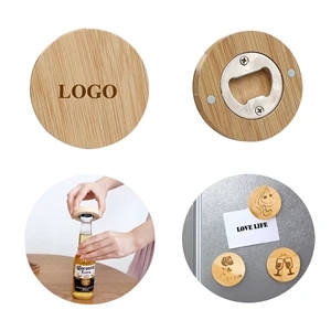 2 in 1 Bamboo Round Fridge Magnet w/ Bottle Opener