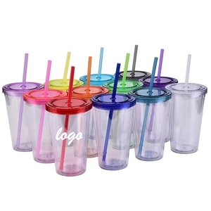 16oz Plastic Clear Tumblers with Lids Straw Coffee Cup