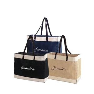 Jute tote bag with cotton accents & long webbed handles
