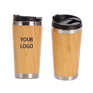 15 OZ Double Wall Stainless Steel Bamboo Tumbler Coffee Cup