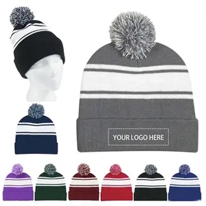 Two-Tone Knit Pom Beanie With Cuff | https://www.bestnamebadges.com