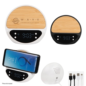 10W Bamboo Wireless Charger With Digital Clock | https://www.bestnamebadges.com
