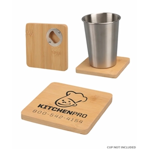4" Square Bamboo Coaster with Beer Opener