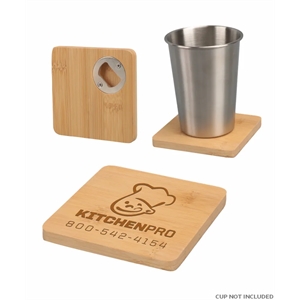 4" Square Bamboo Coaster with Beer Opener - Laser Engraved