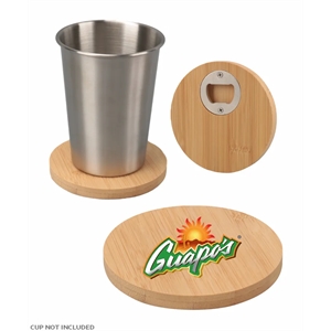 4" Round Bamboo Coaster with Beer Opener - Full color