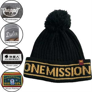 Custom Made Pompom Striped Knitted Cuffed Beanie With Logo | https://www.bestnamebadges.com