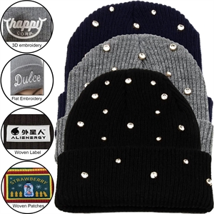 Cuffed knitted beanie with Luxury stone | https://www.bestnamebadges.com