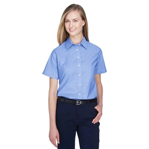 Harriton Ladies' Short-Sleeve Oxford With Stain-Release | https://www.bestnamebadges.com