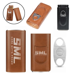 Leather Cigar Case with Silver Stainless Steel Cutter