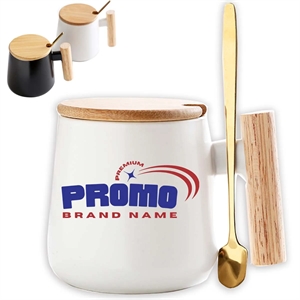 12oz. Ceramic Wooden Handle Tea cup Lid Spoon Coffee Mug