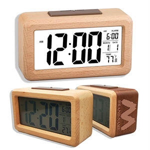 Bamboo Wooden LCD Alarm Digital Clock With Night Light Temp